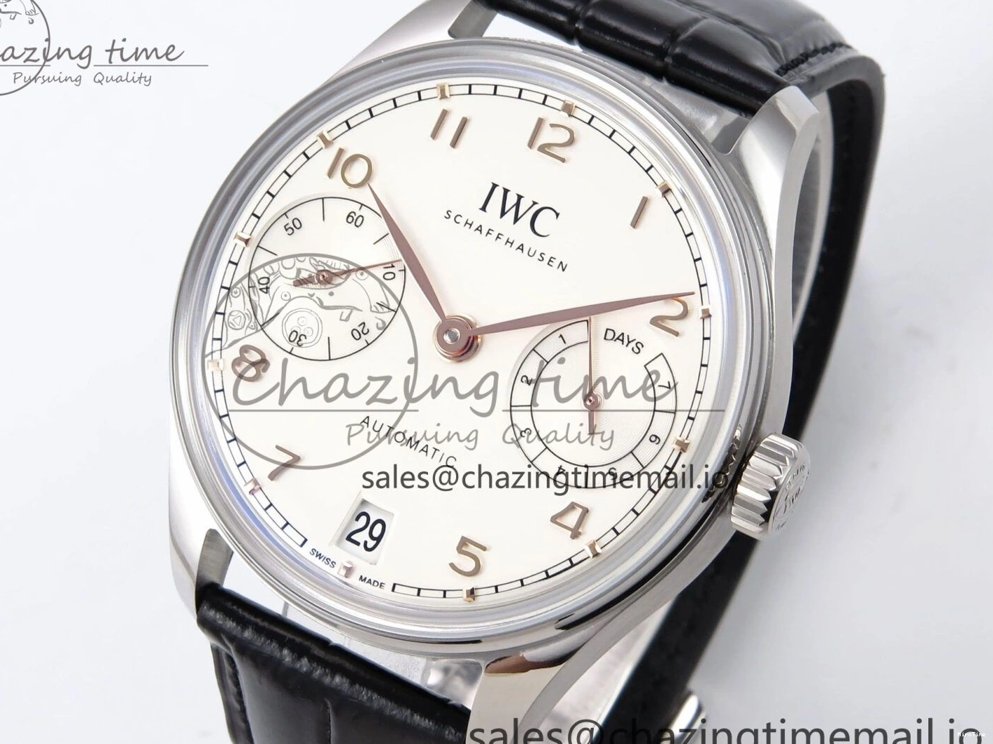 MIROTIME 0302 OnTrend Portugieser Automatic 42mm SS APSF 1:1 Best Edition White RG Dial on Black Leather Strap A 7010